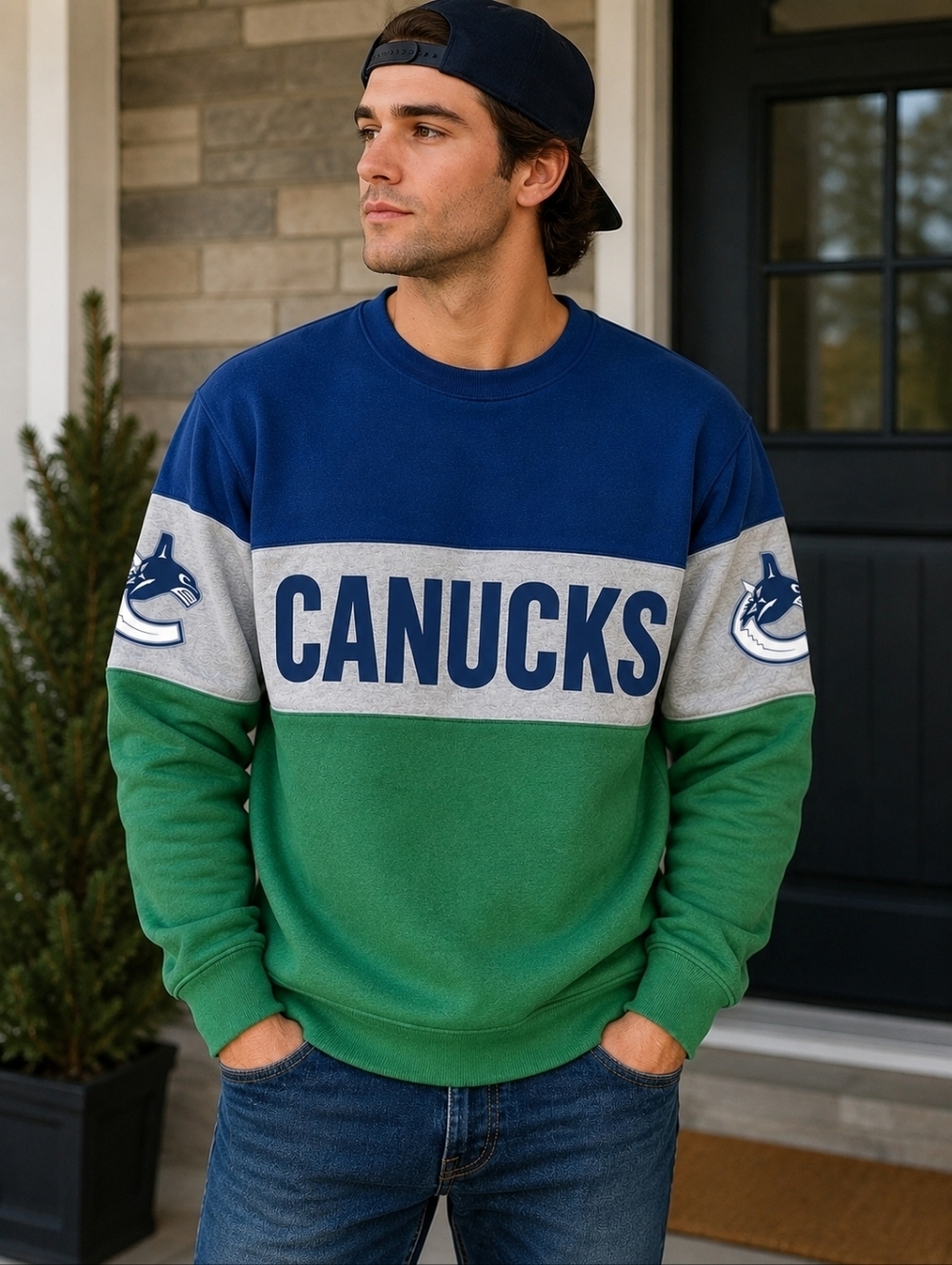 Vancouver Canucks NHL Colourblock Crewneck Sweatshirt Hockey Pullover Apparel M